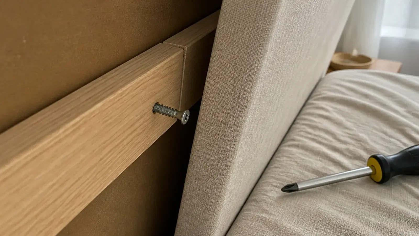 loose cleat screw backing out of the wall behind a headboard
