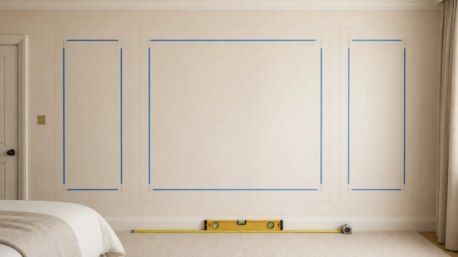tape measure and pencil marks setting out a modern headboard panel width