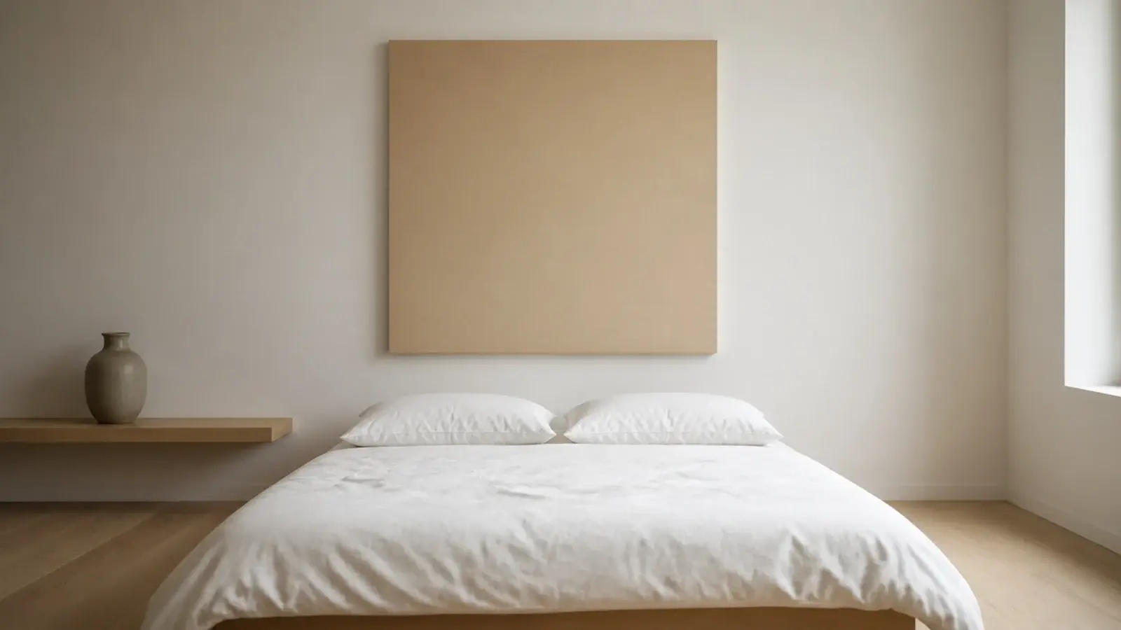 plain flat upholstered panel with square edges above a low modern bed