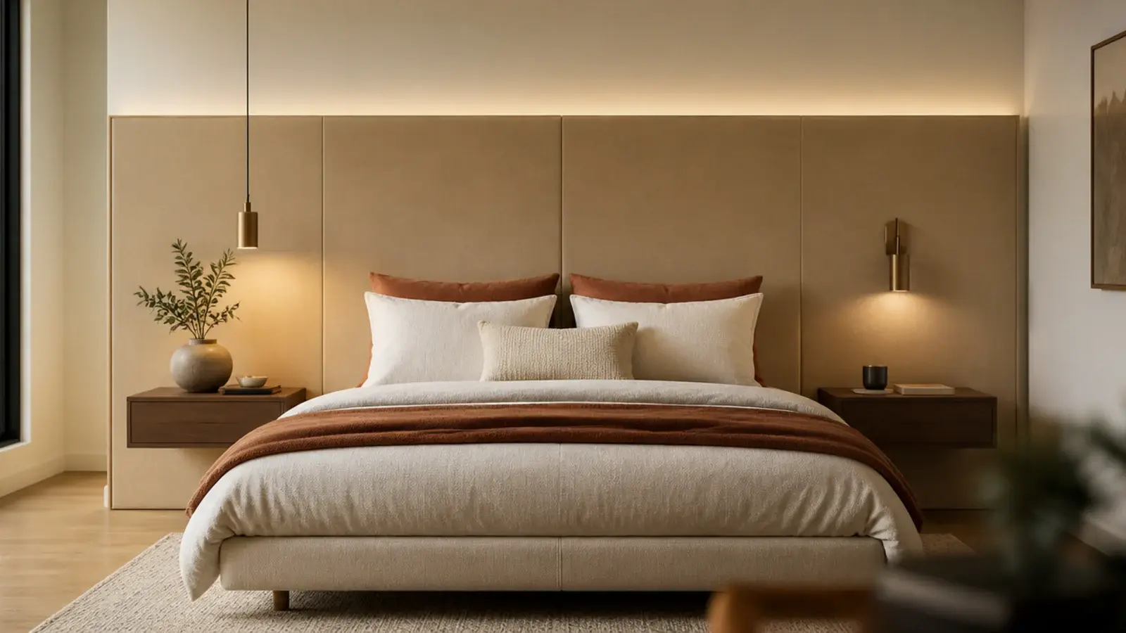 low upholstered panel running the full width of a modern bedroom wall