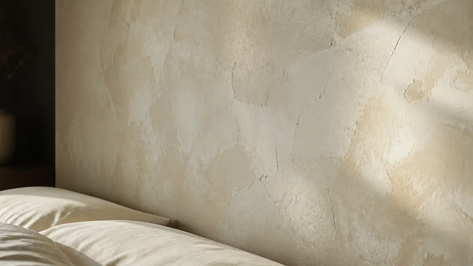 smooth plaster finished headboard panel with soft mottled cream texture