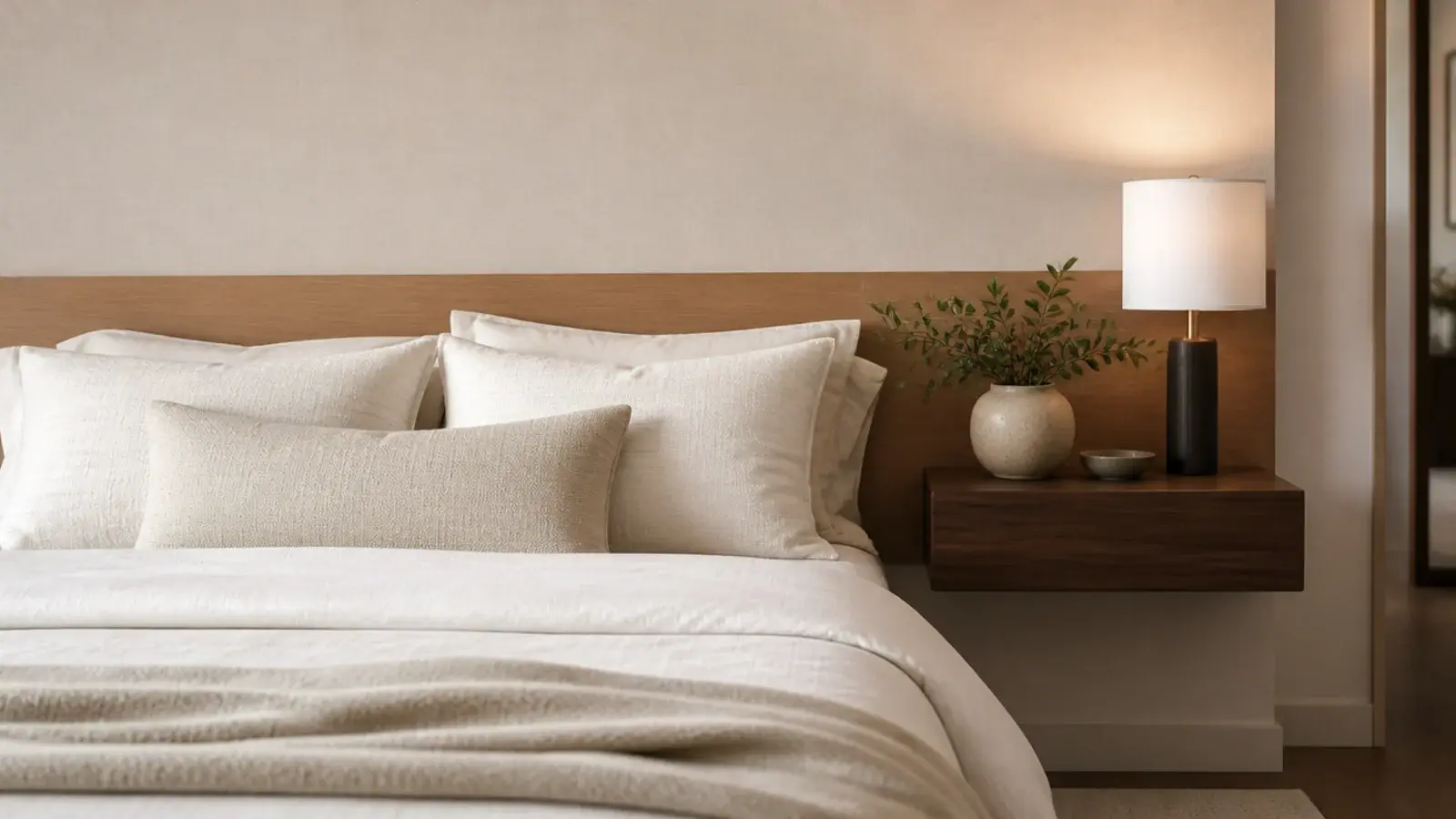 headboard split horizontally with oak below and pale fabric above