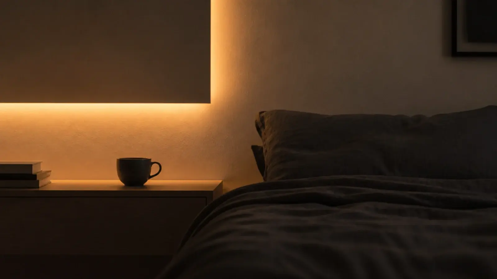 warm light washing the wall from behind a floating headboard panel at night