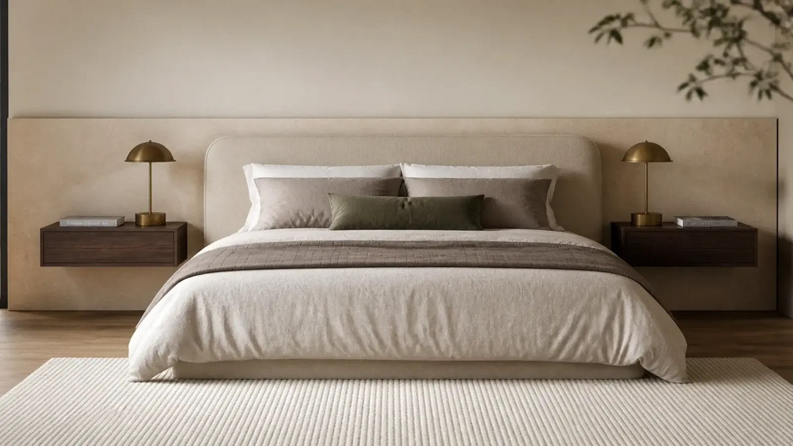 floating nightstands cantilevered directly off a wide modern headboard panel