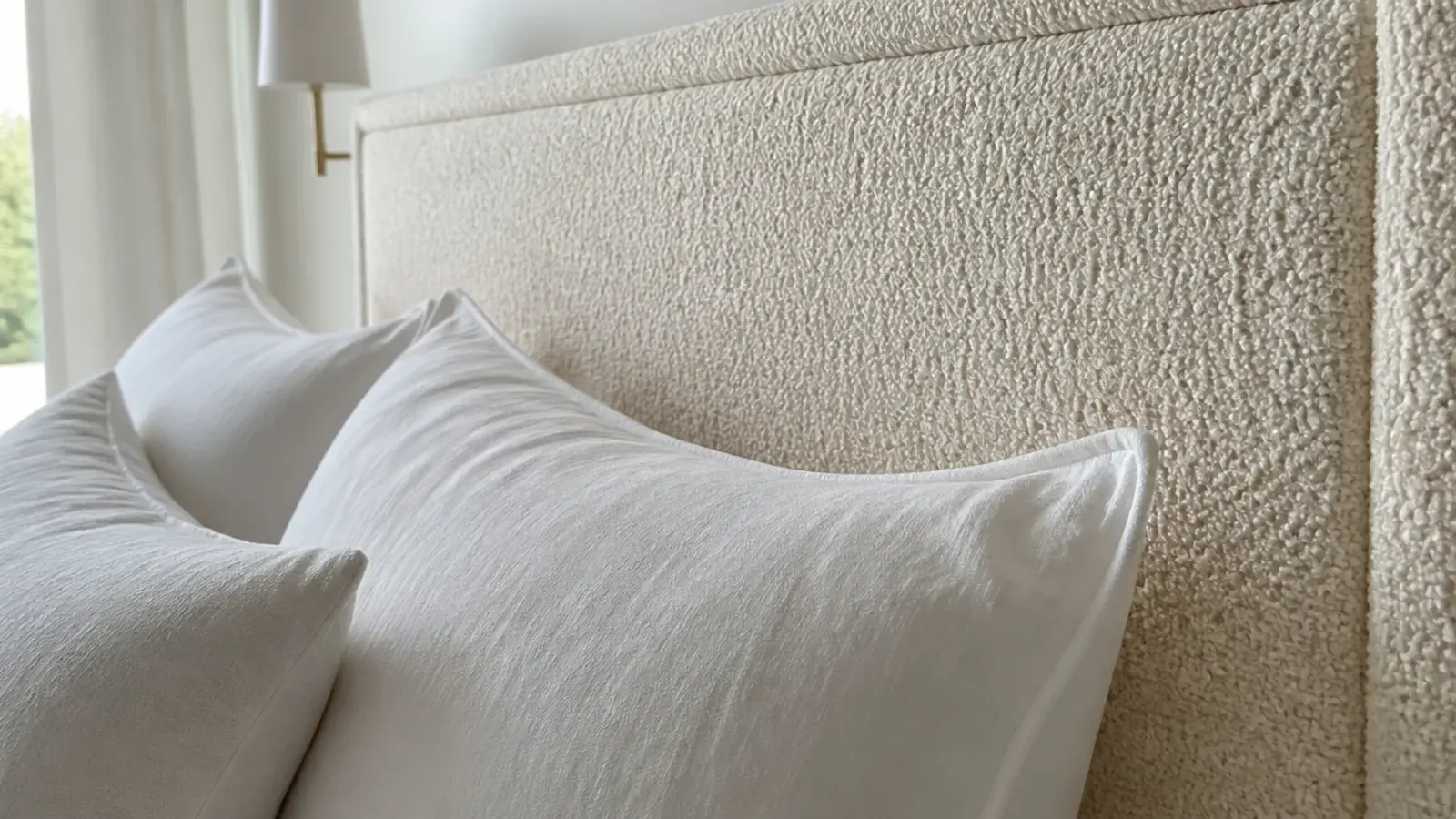 cream boucle headboard with soft looped texture behind white linen pillows
