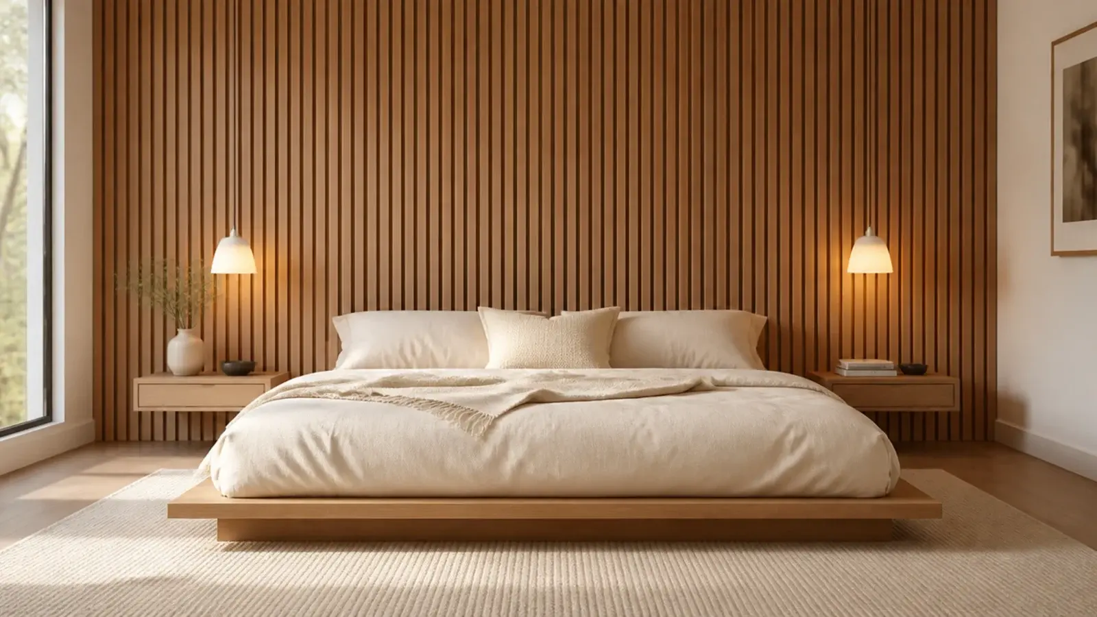 floor to ceiling oak slats forming the whole bed wall in a modern room