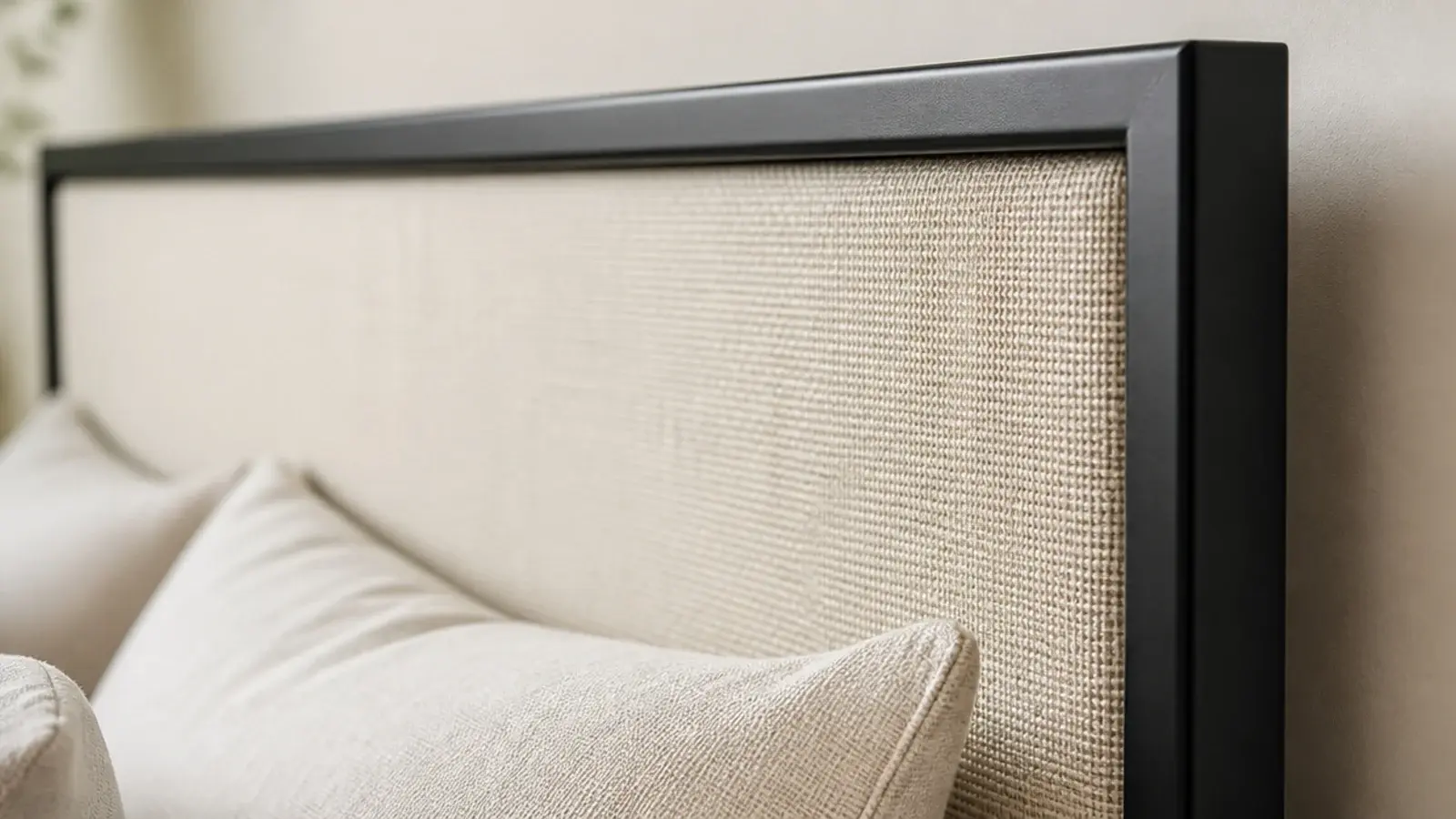 slim blackened steel frame surrounding a pale fabric headboard panel