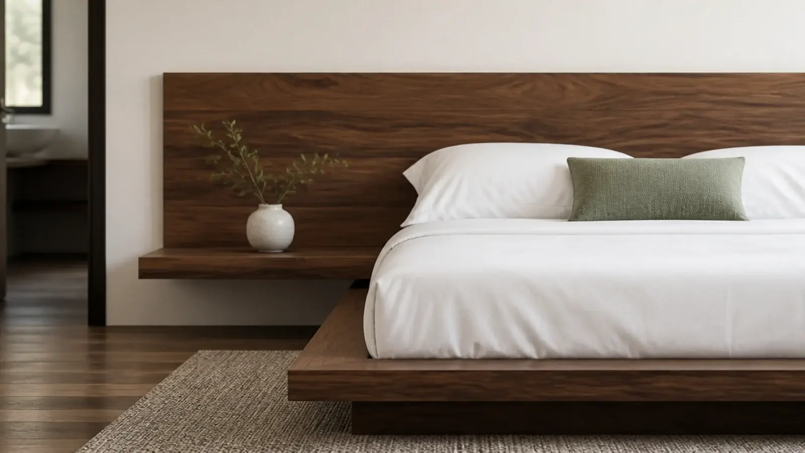 low platform bed paired with a matching low panel in the same oak tone
