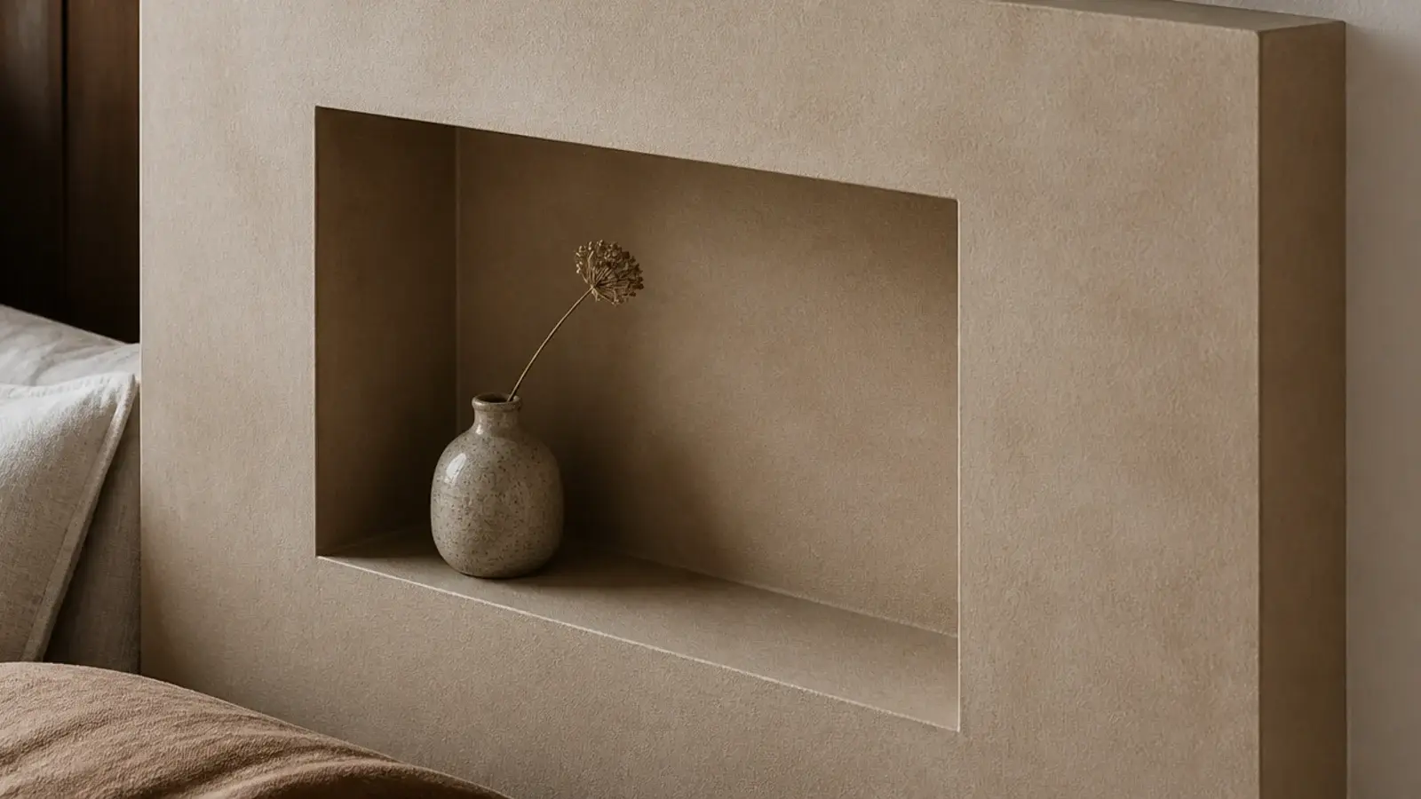 shallow recessed niche set into a wide headboard panel holding a small vase