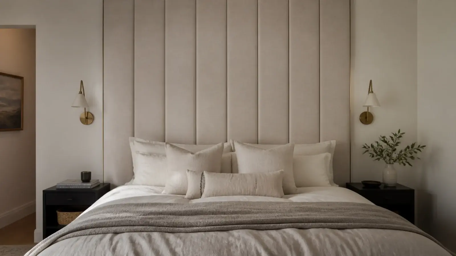 headboard panel running the full wall height from skirting to ceiling line