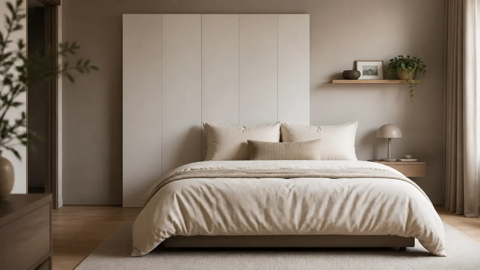 headboard panel deliberately offset to one side of a bed in a modern room