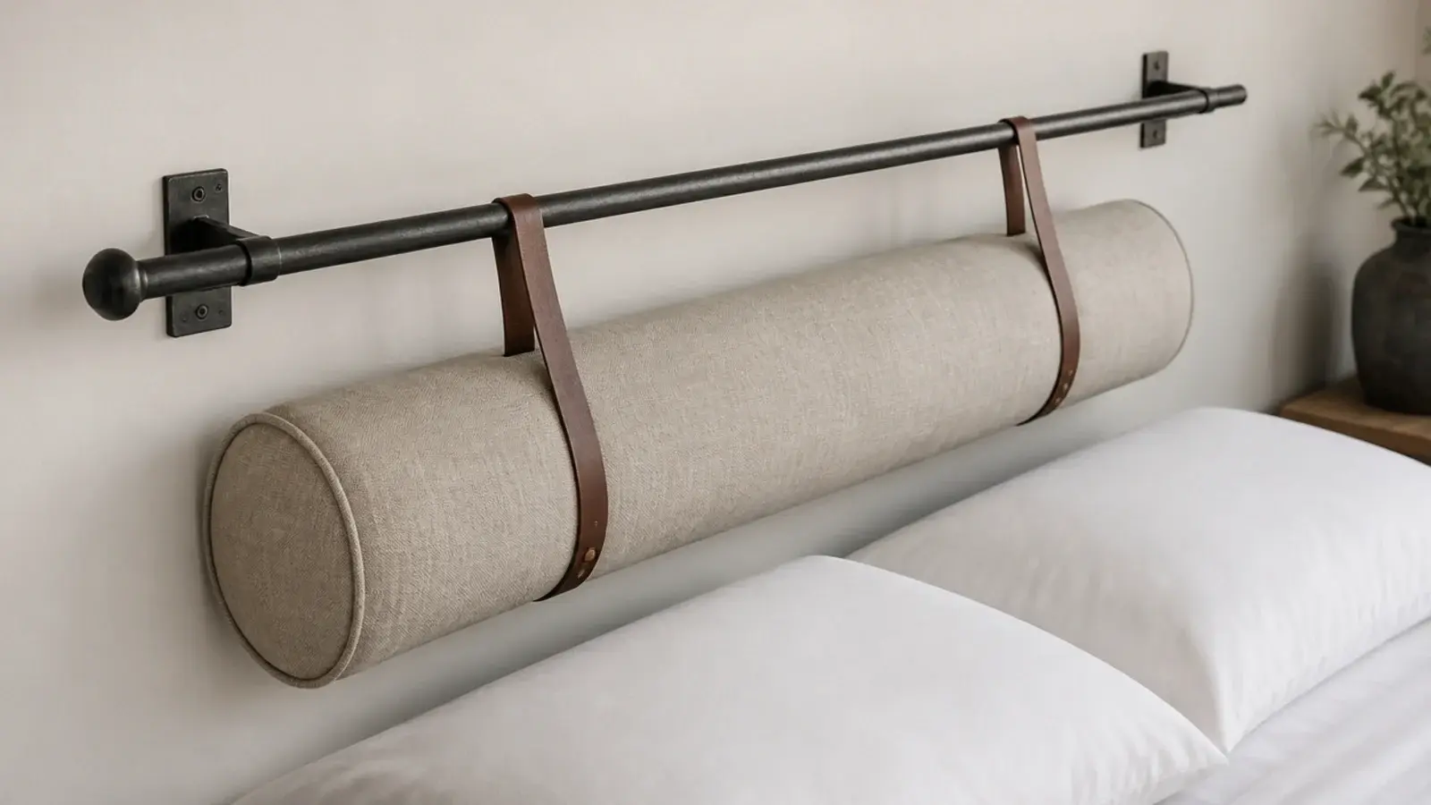 long linen bolster suspended from a slim steel wall rail above a bed