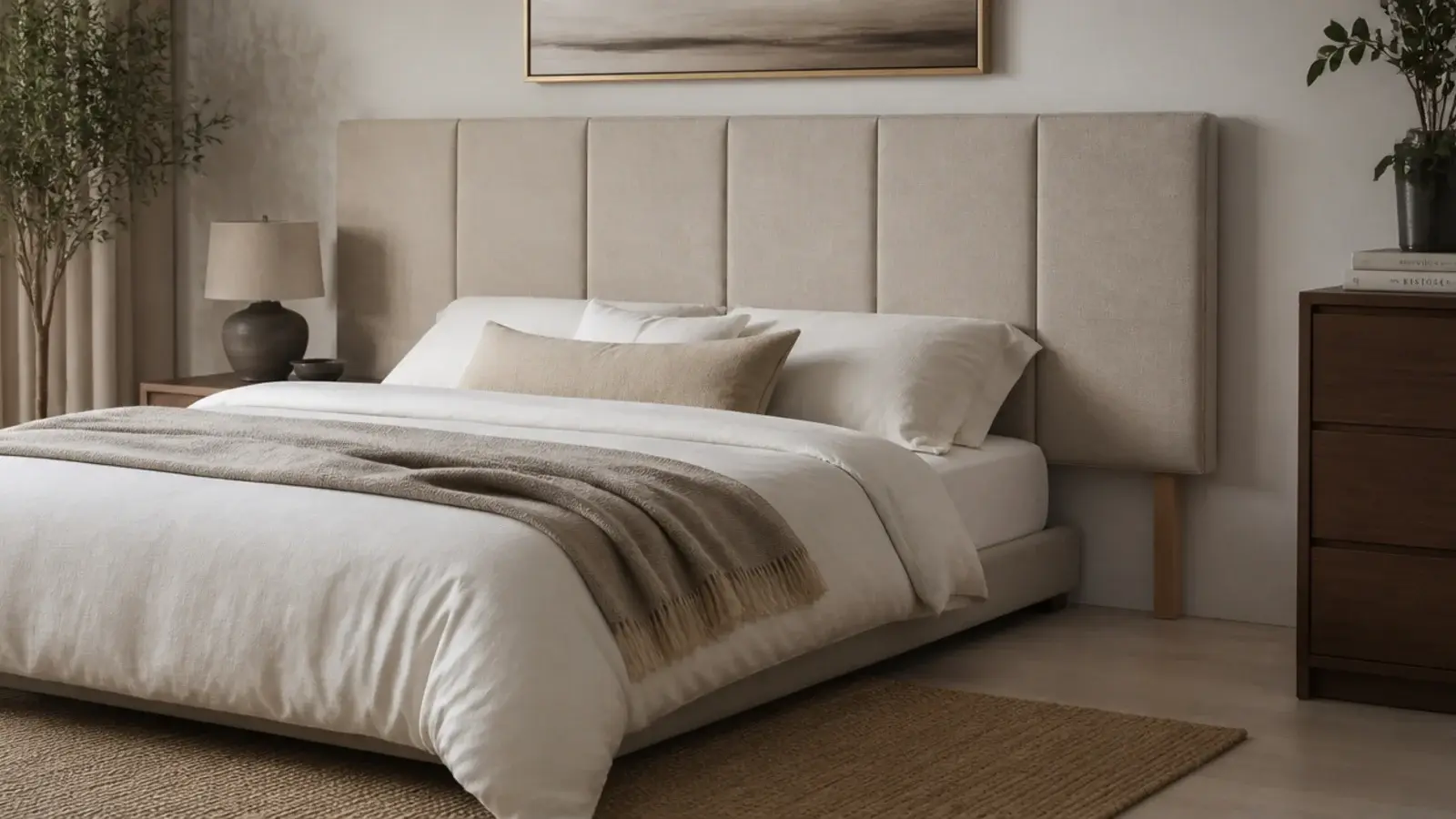 upholstered headboard panel standing on two slim exposed oak legs
