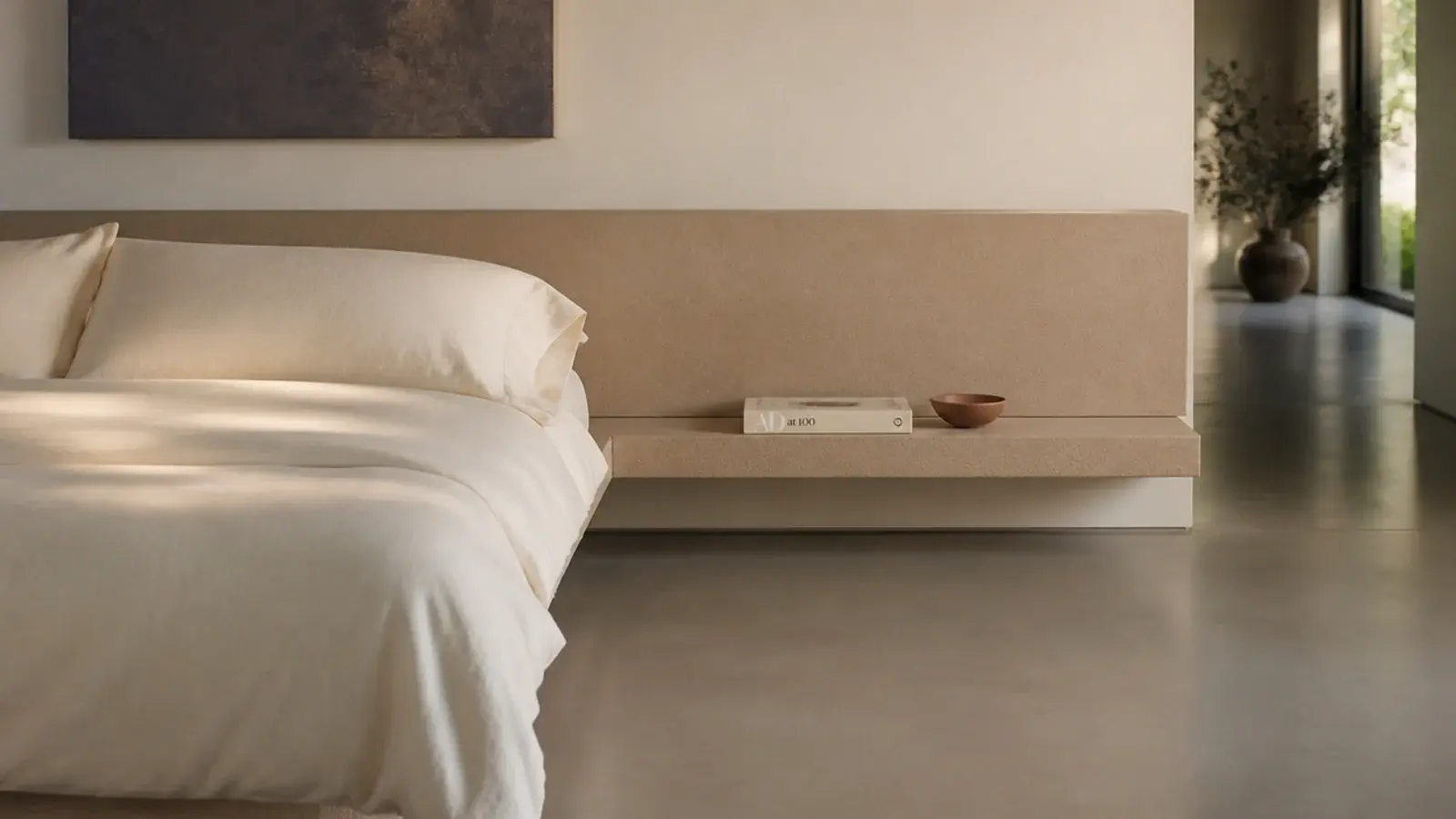 headboard panel continuing sideways into a slim floating shelf on the wall
