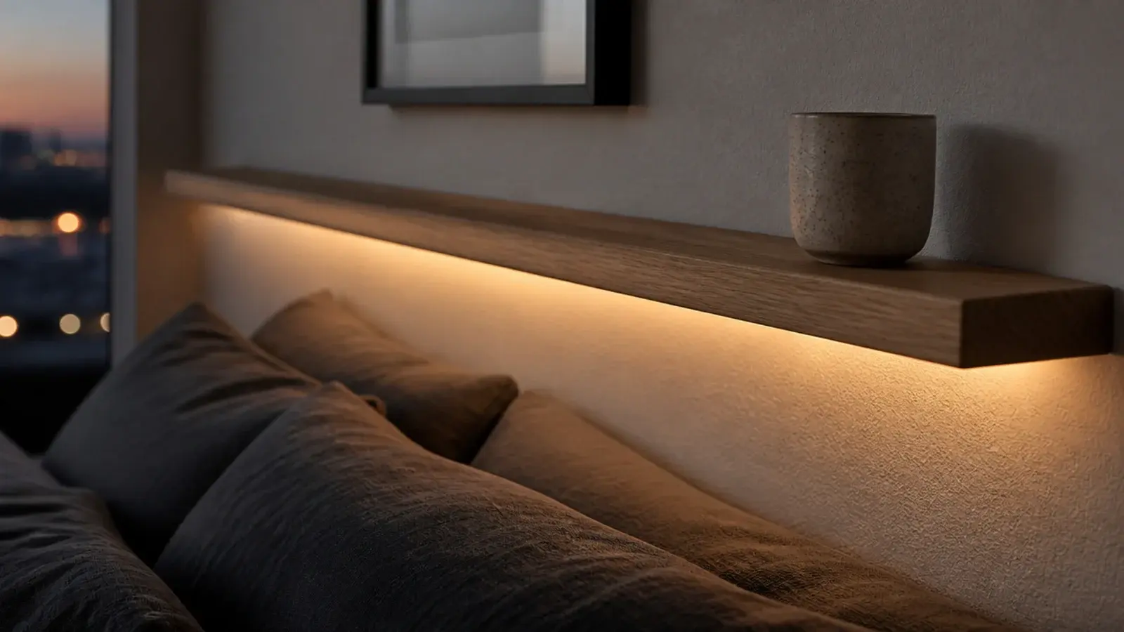 slim lit ledge above a bed with the light source concealed underneath