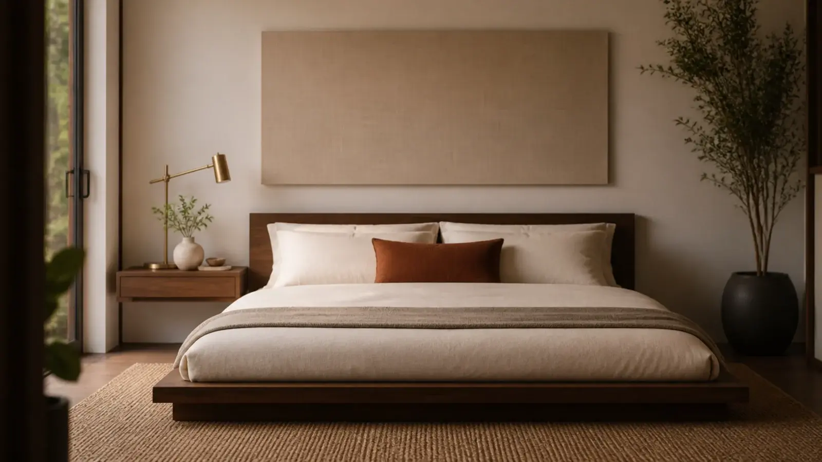 wide flat modern headboard panel in oatmeal linen above a low platform bed