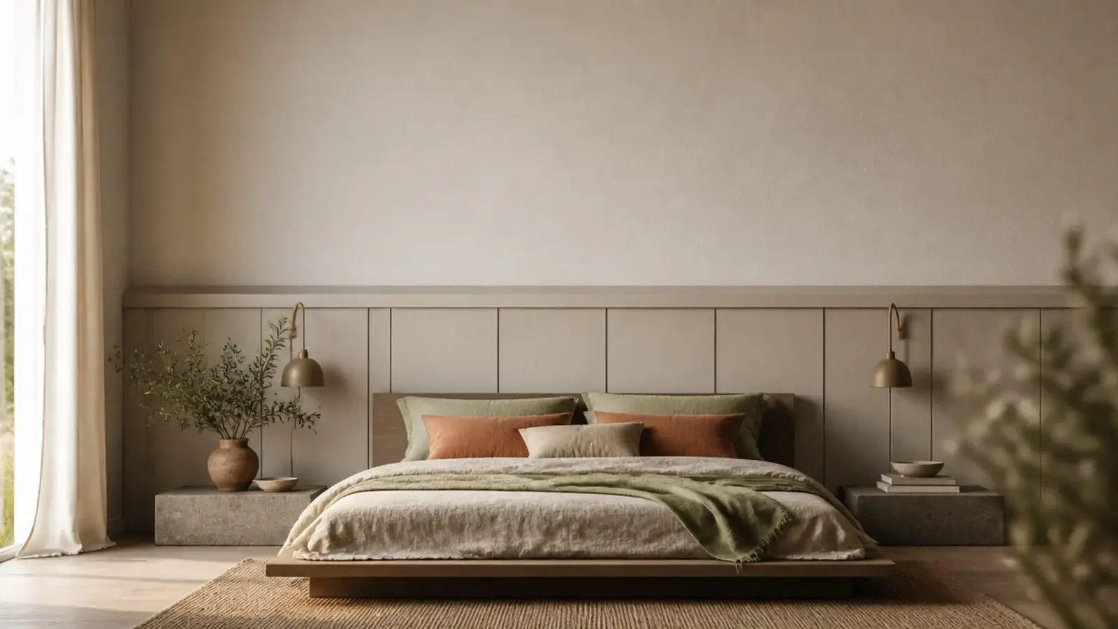 vertical collage image of modern headboards in linen fluted oak and plaster