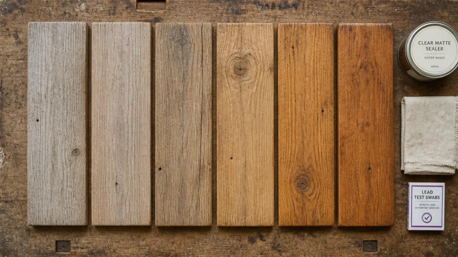 salvaged timber boards sorted by tone on a workbench beside a sealer tin