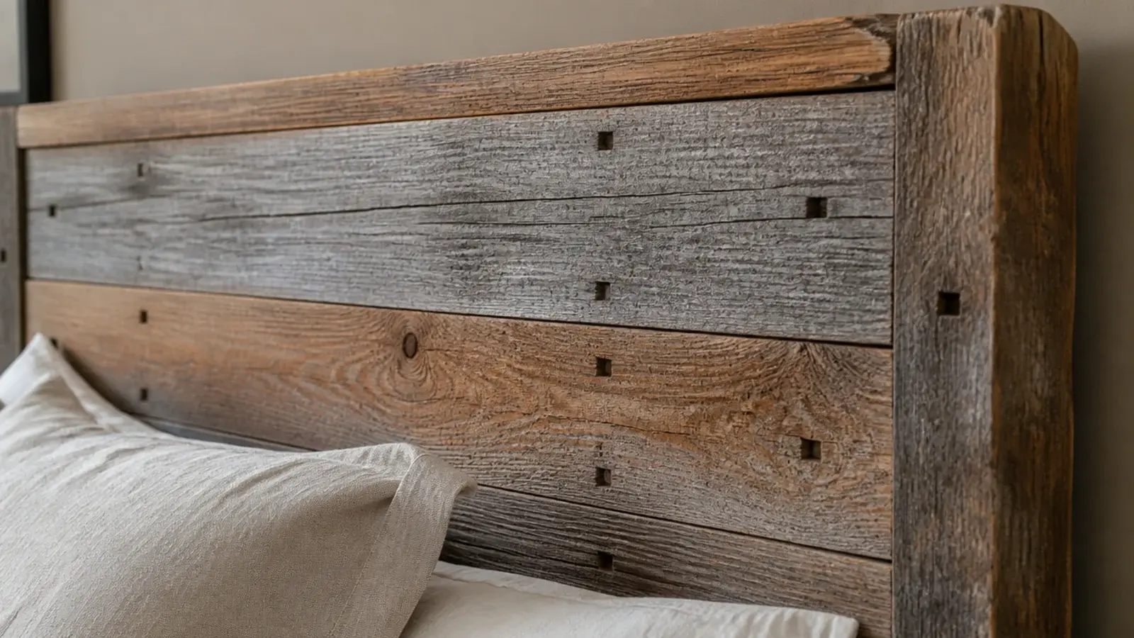 weathered barn board headboard panel with nail holes and old saw marks