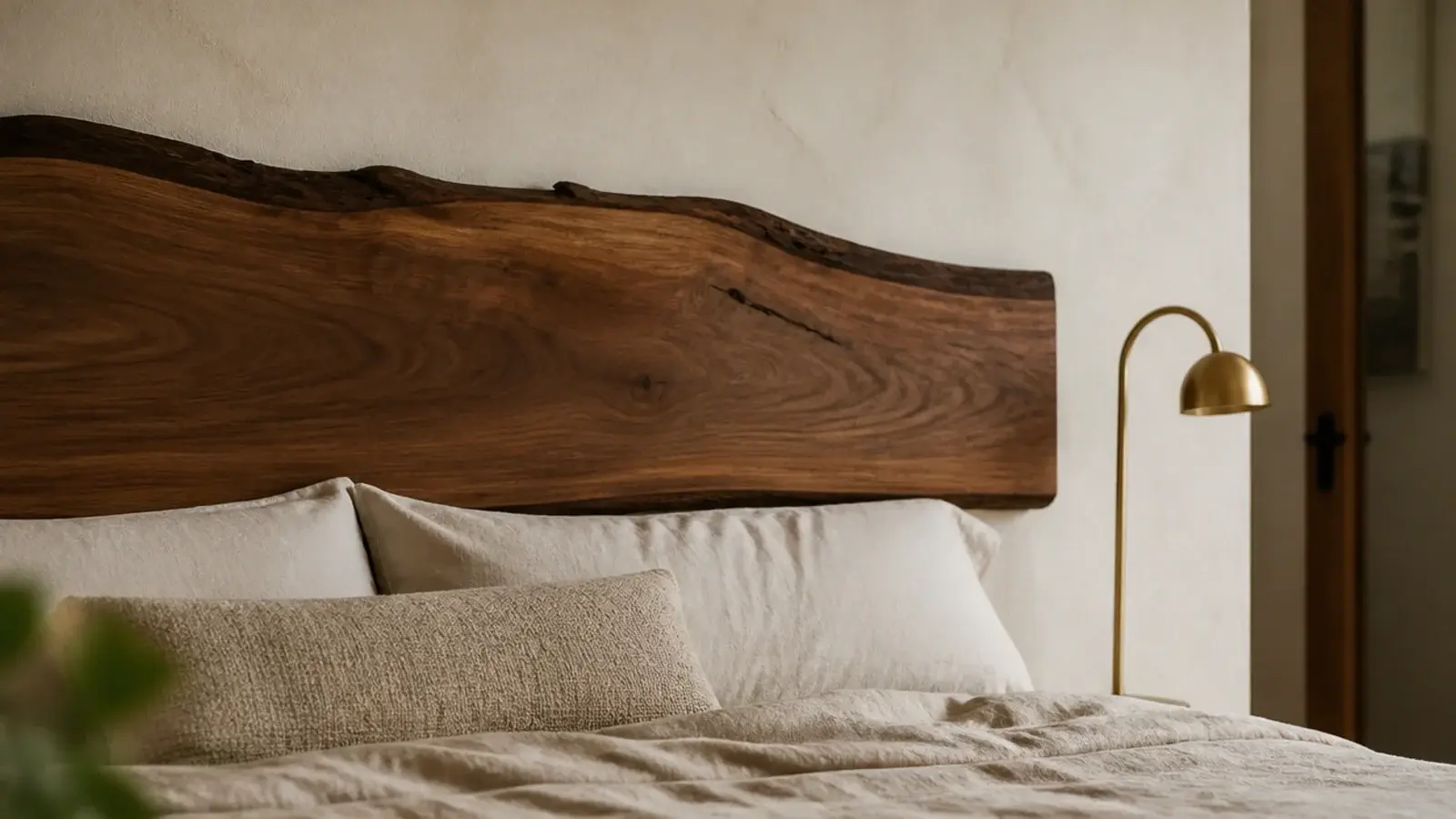 live edge walnut slab headboard with a natural undulating top edge