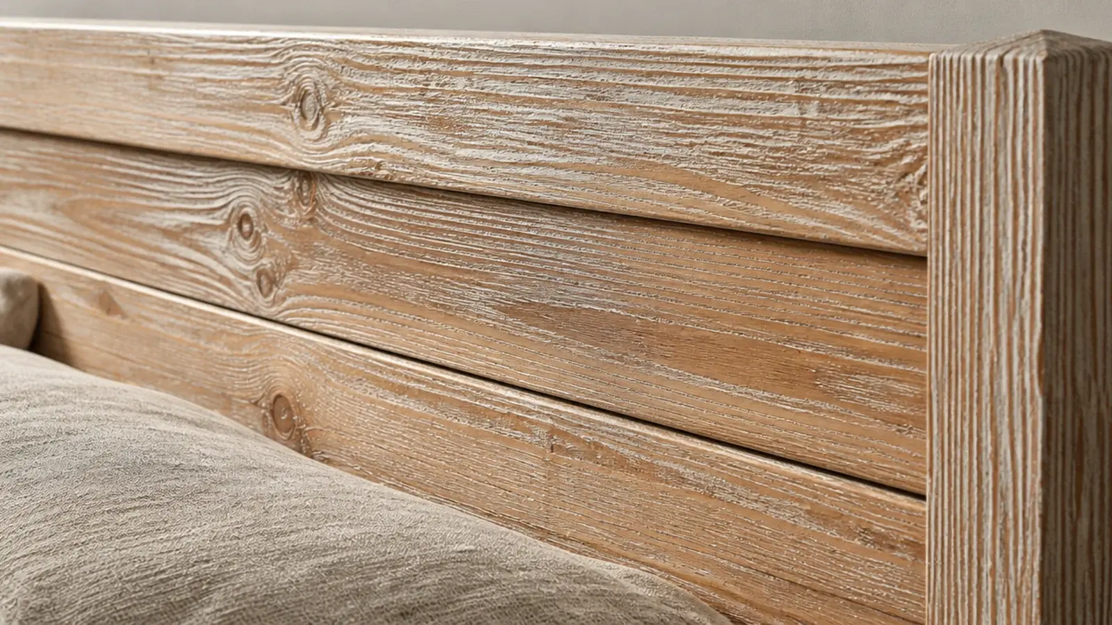dry brushed pine headboard boards showing pale paint caught in the grain