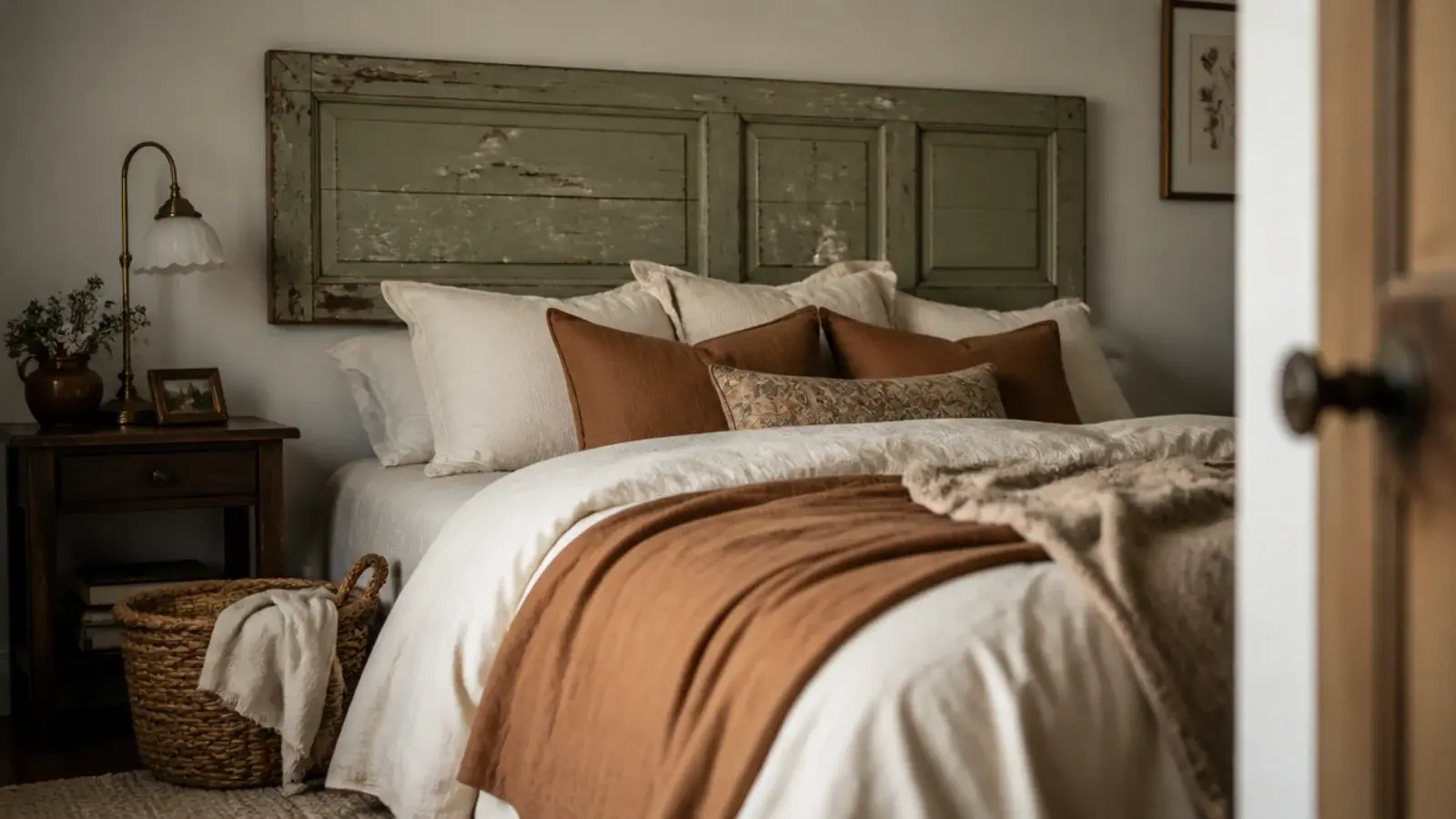 salvaged panelled door hung sideways as a rustic headboard with worn paint