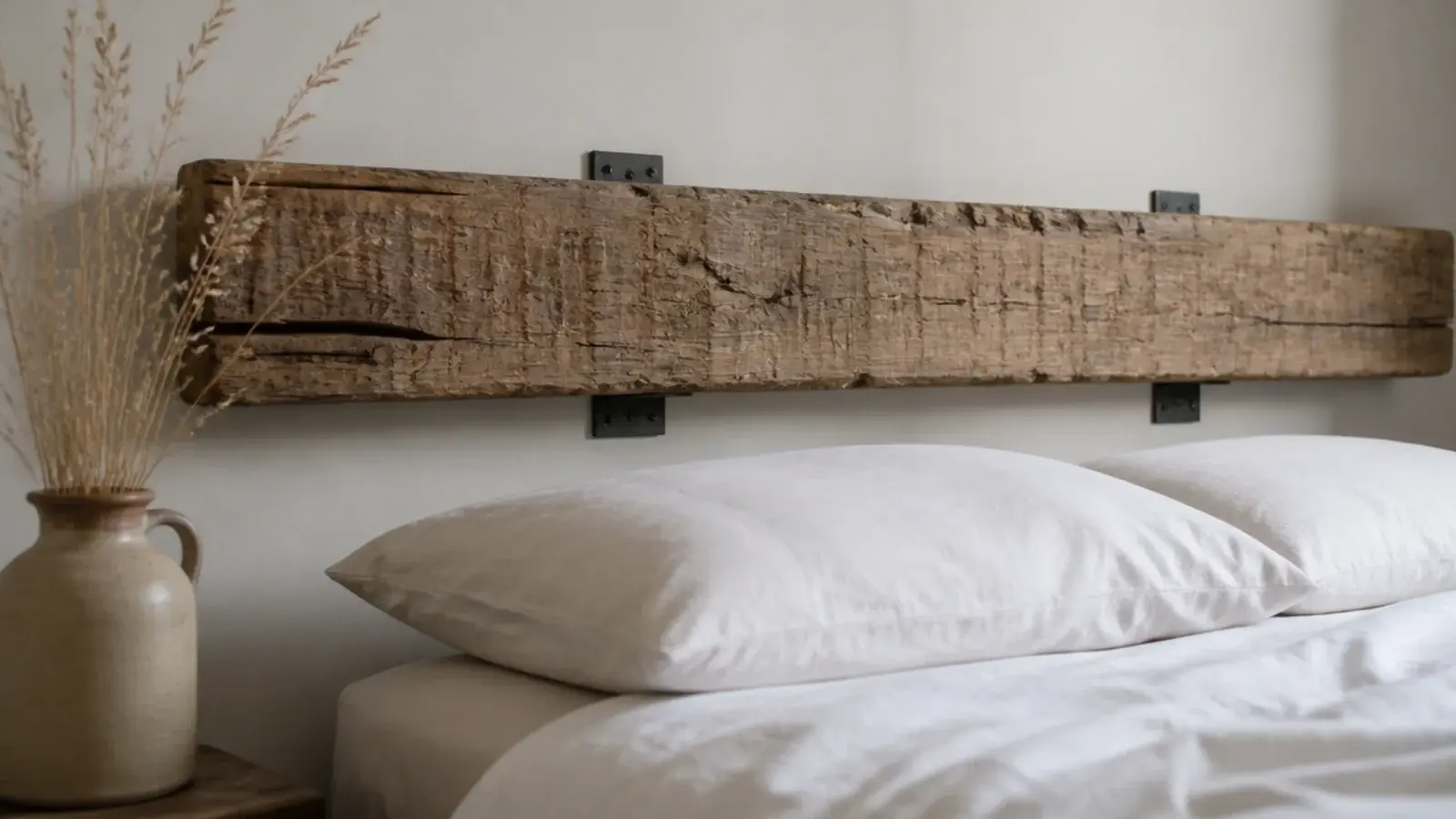 chunky reclaimed timber beam mounted low behind a bed as a rustic headboard