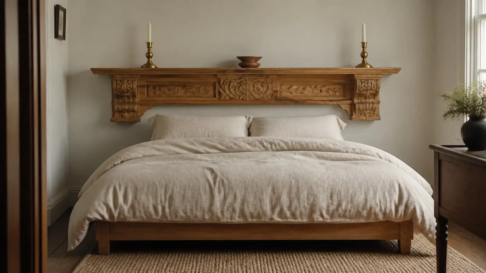 antique carved timber mantel mounted behind a bed as a headboard ledge