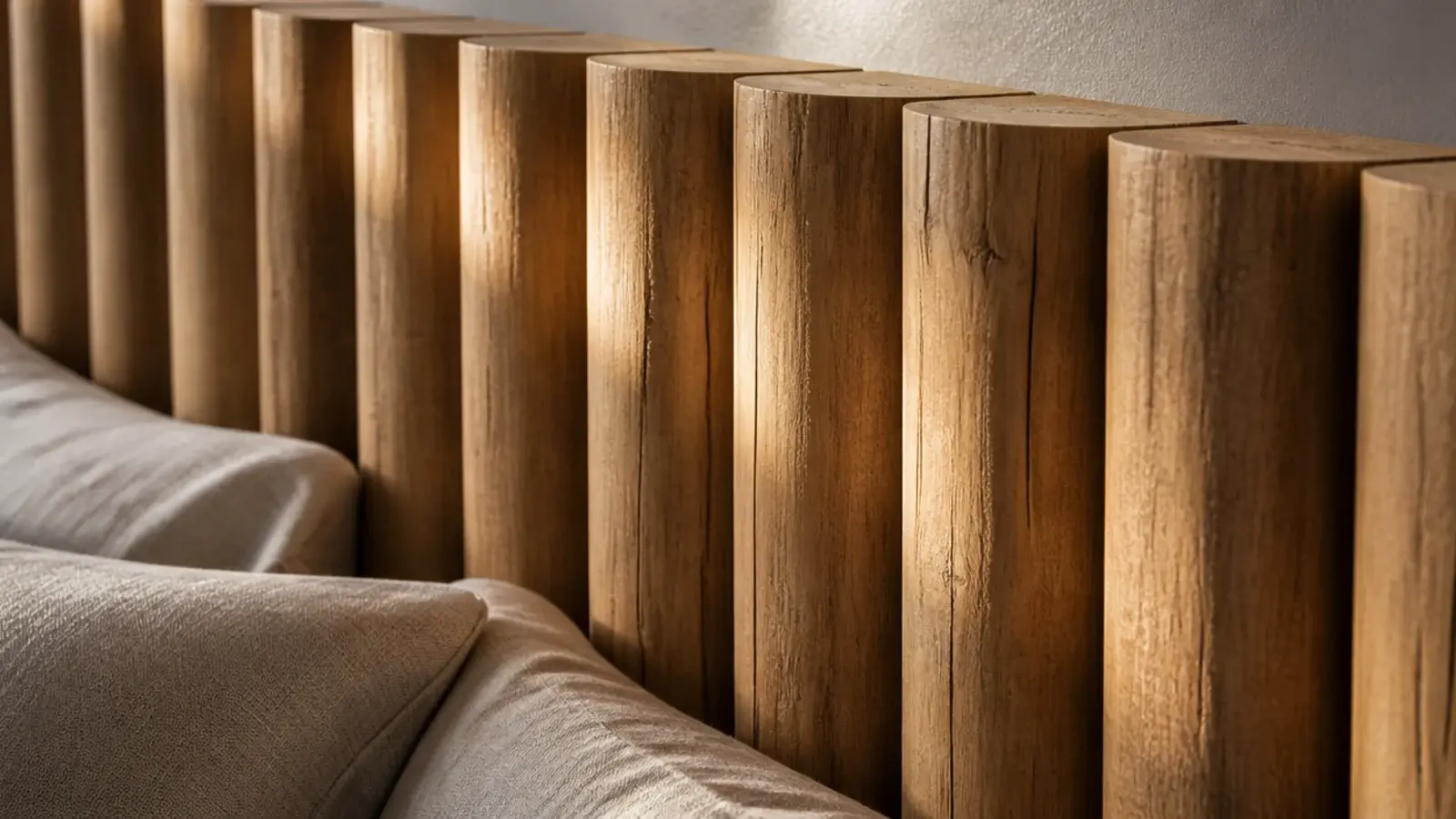 half round split log slats forming a textured rustic headboard panel