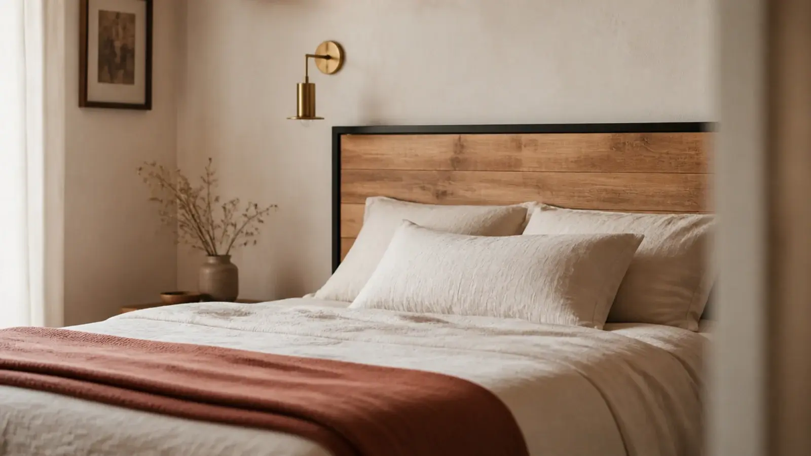black iron frame headboard filled with reclaimed timber boards behind a bed