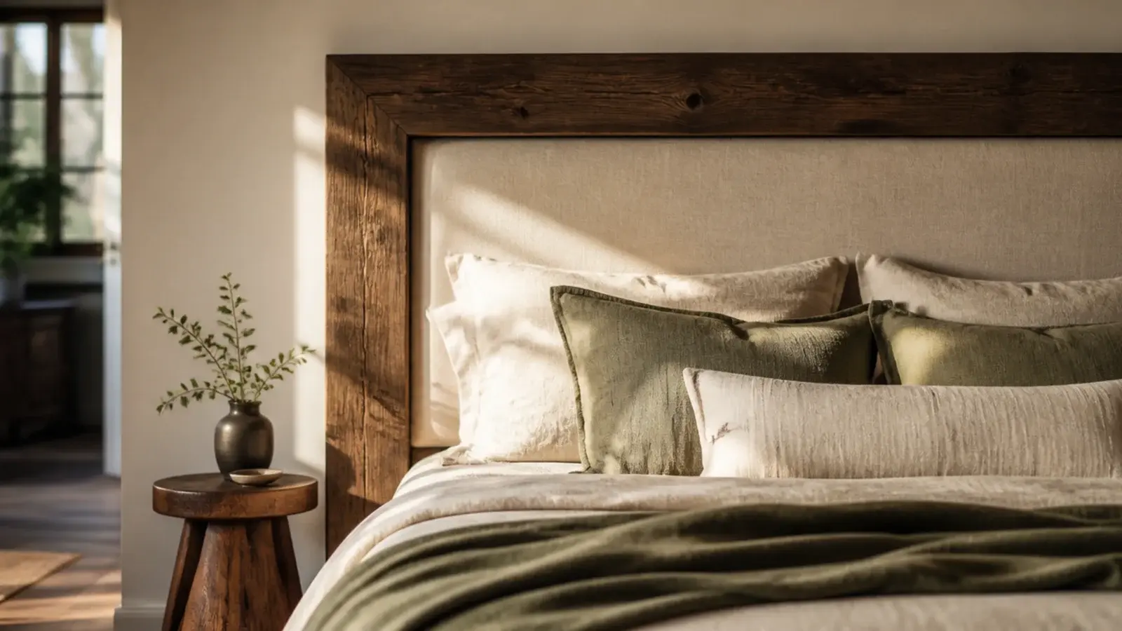 thick reclaimed timber frame surrounding a natural linen inset panel