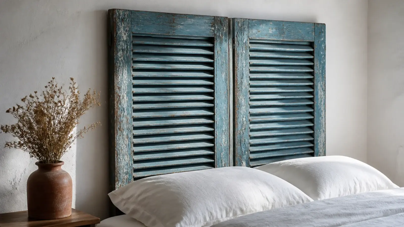 pair of peeling louvered shutters mounted as a weathered rustic headboard