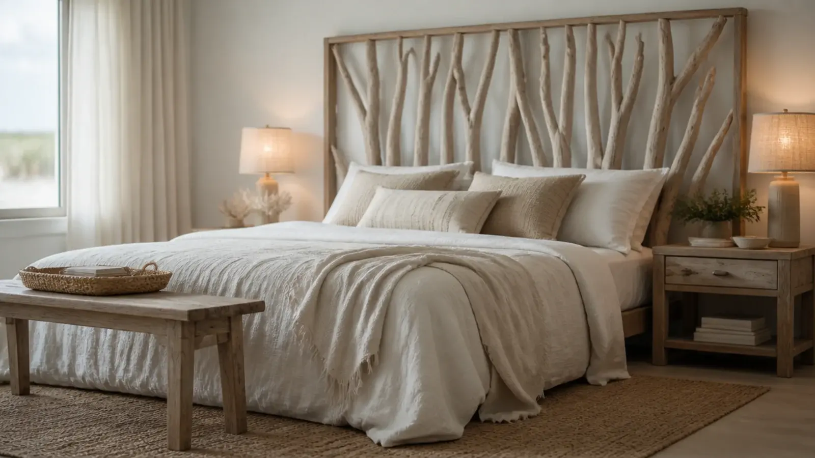 driftwood branches arranged in a slim frame as a coastal rustic headboard