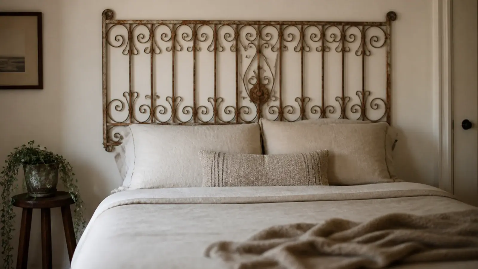 old iron garden gate mounted flat on the wall as an open rustic headboard