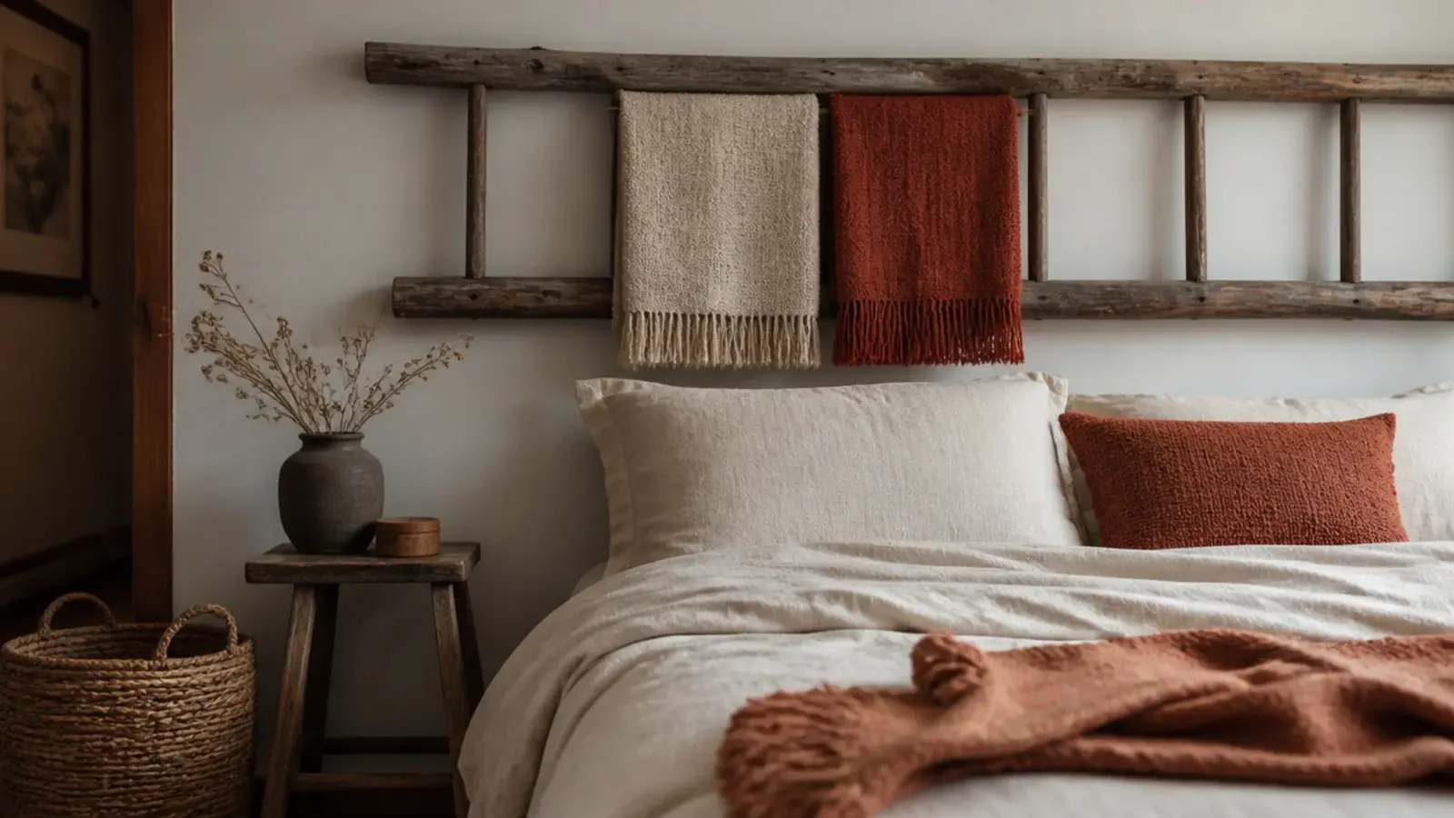 rustic timber ladder mounted horizontally behind a bed holding wool throws