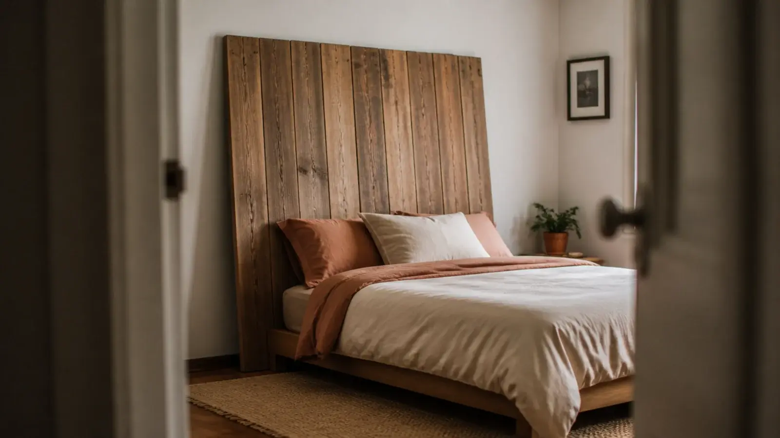 reclaimed plank panel leaning against a rental wall behind a low bed