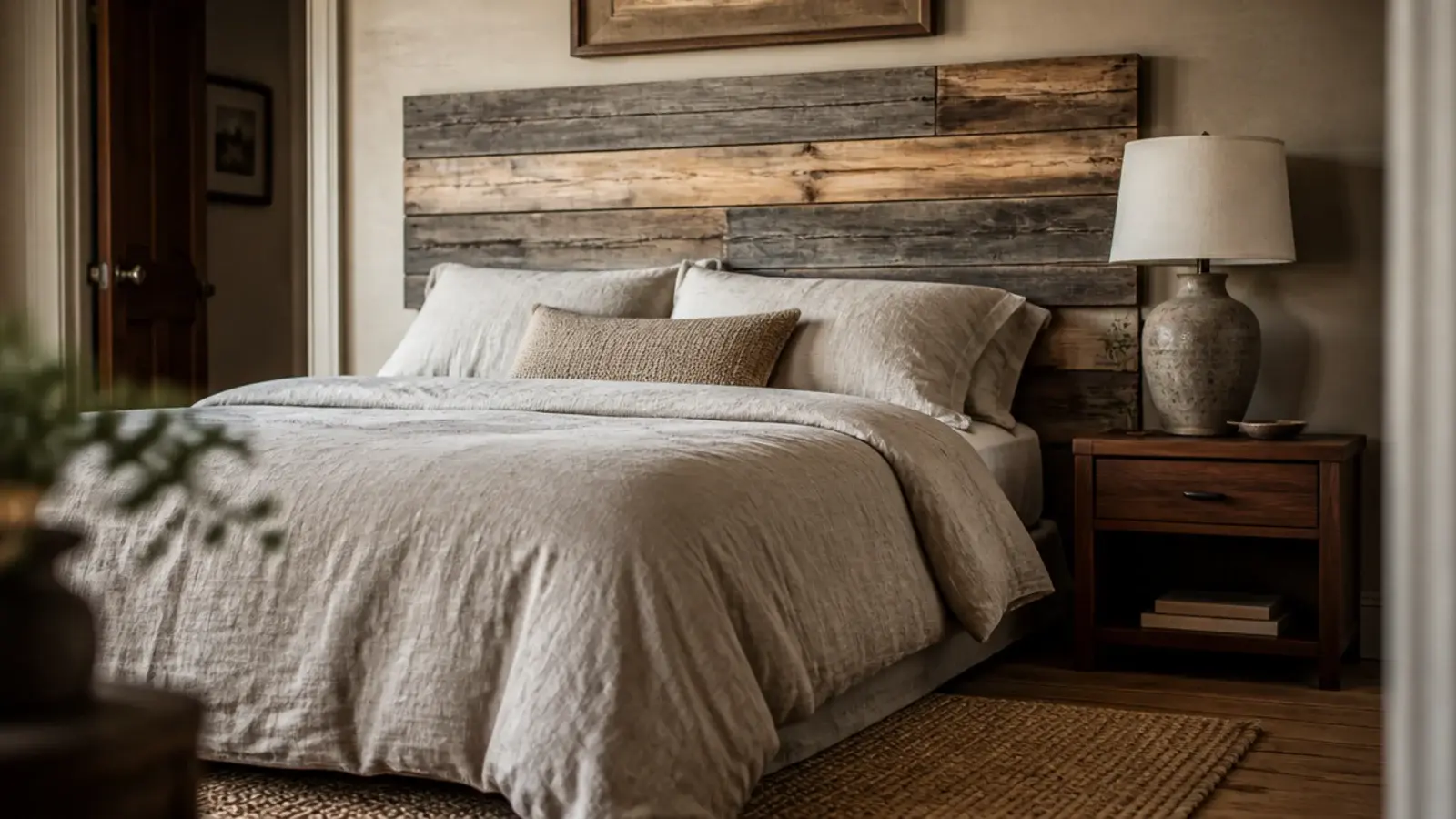 reclaimed barn board rustic headboard above a linen bed in warm evening light