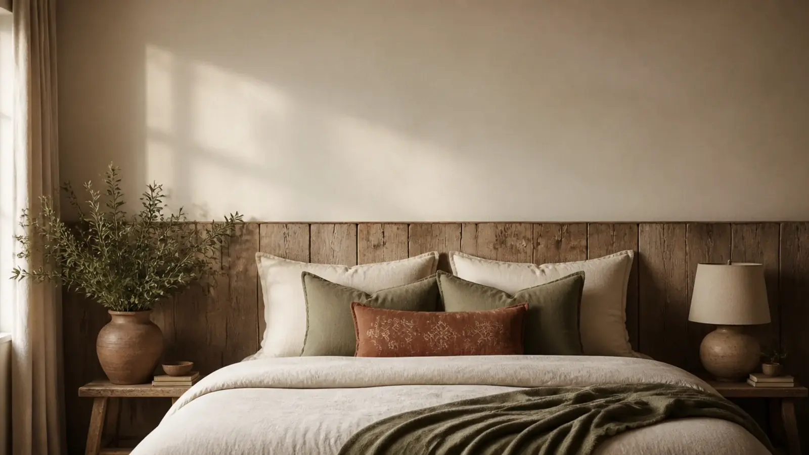 vertical collage image of rustic reclaimed timber headboards in warm bedrooms