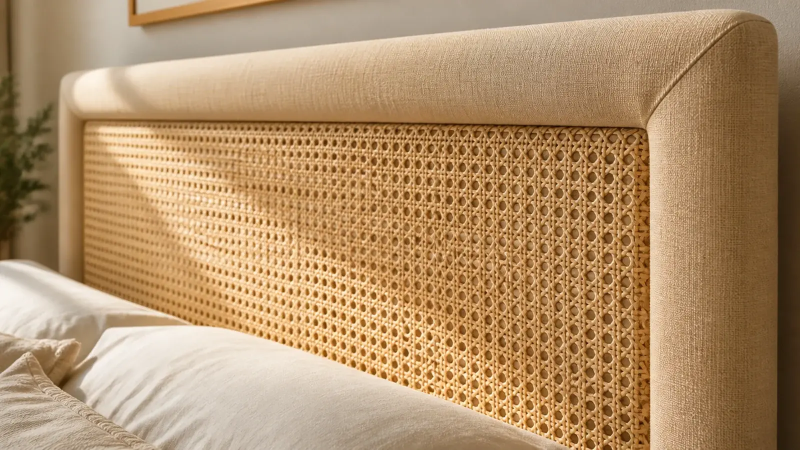 upholstered headboard frame surrounding a woven rattan cane center panel