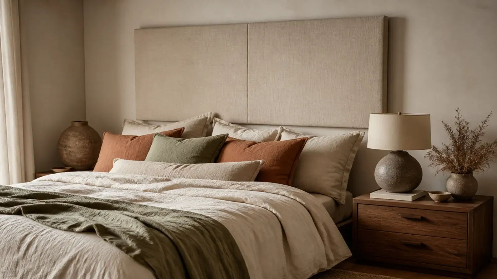 oatmeal linen upholstered headboard above a washed linen bed in warm light