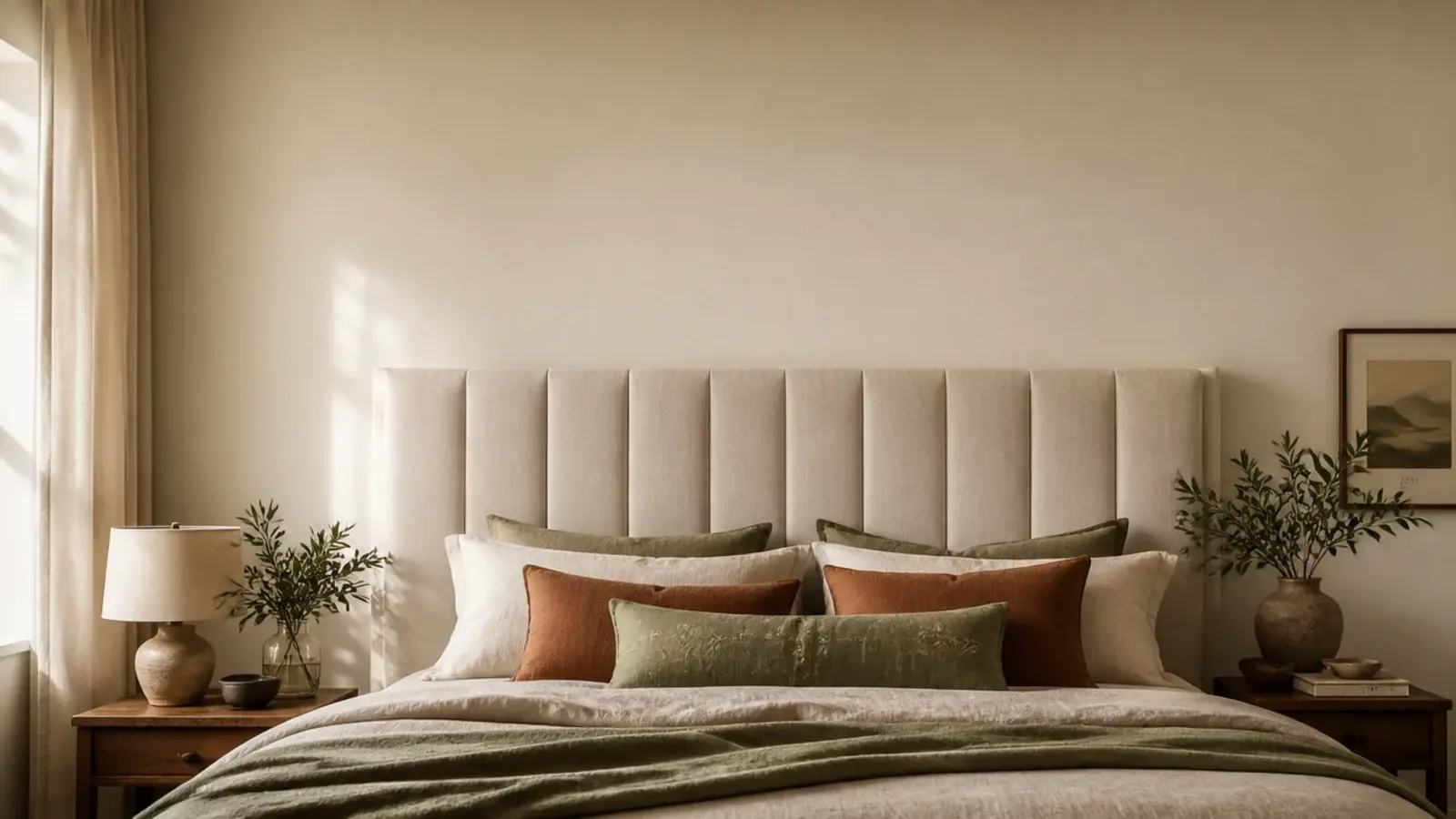 vertical collage image of soft upholstered headboards in linen and velvet