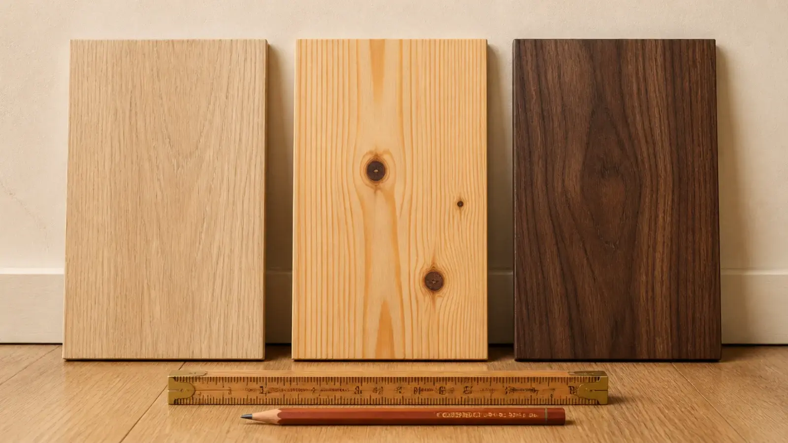 oak pine and walnut board samples leaning against a wall with a ruler