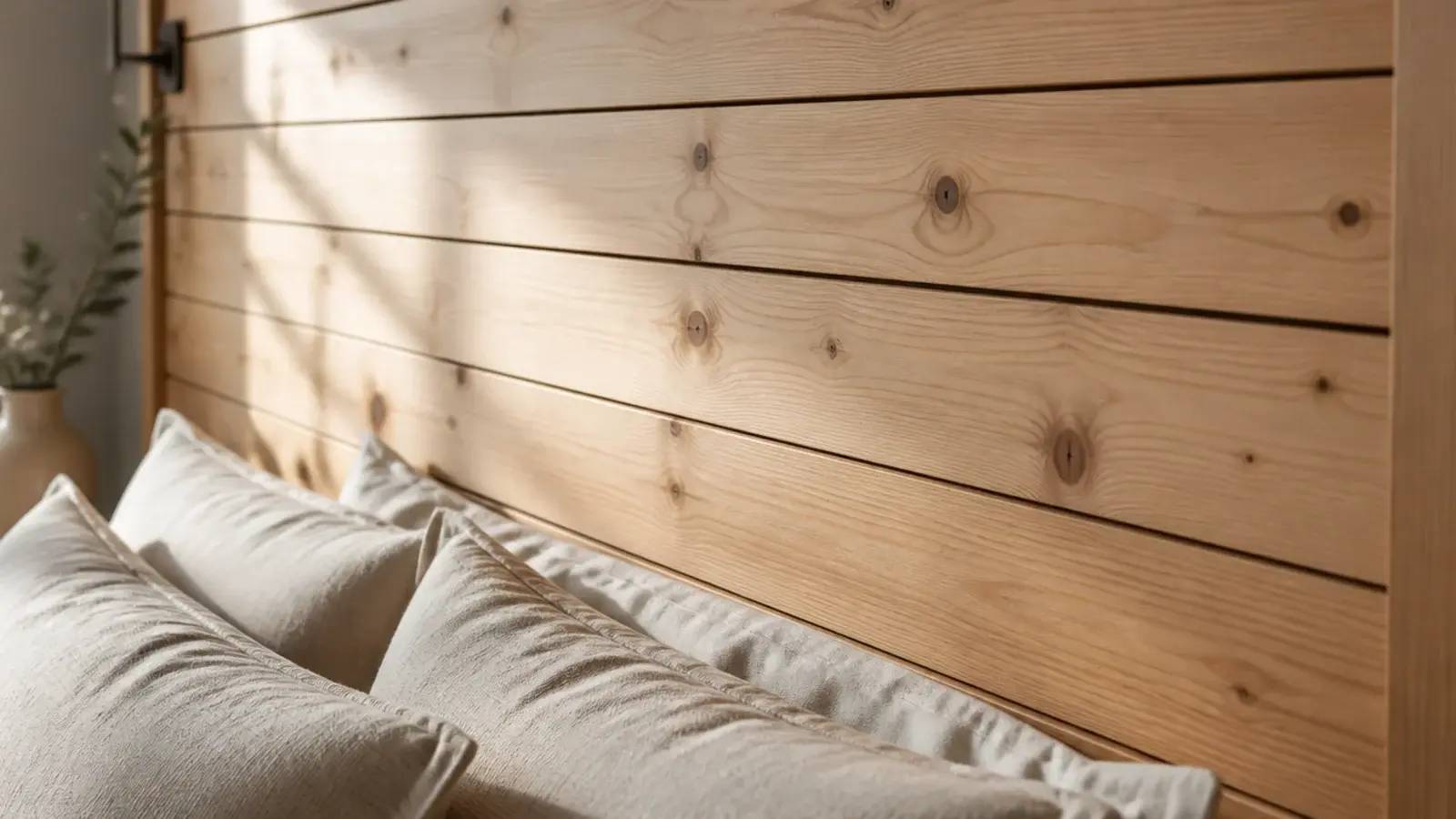 horizontal shiplap wood headboard panel with fine shadow lines above pillows