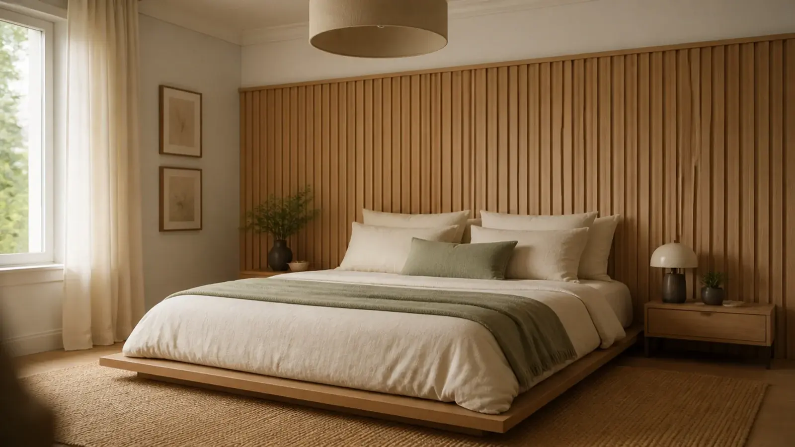 vertical oak slat wall headboard rising behind a low bed in soft light