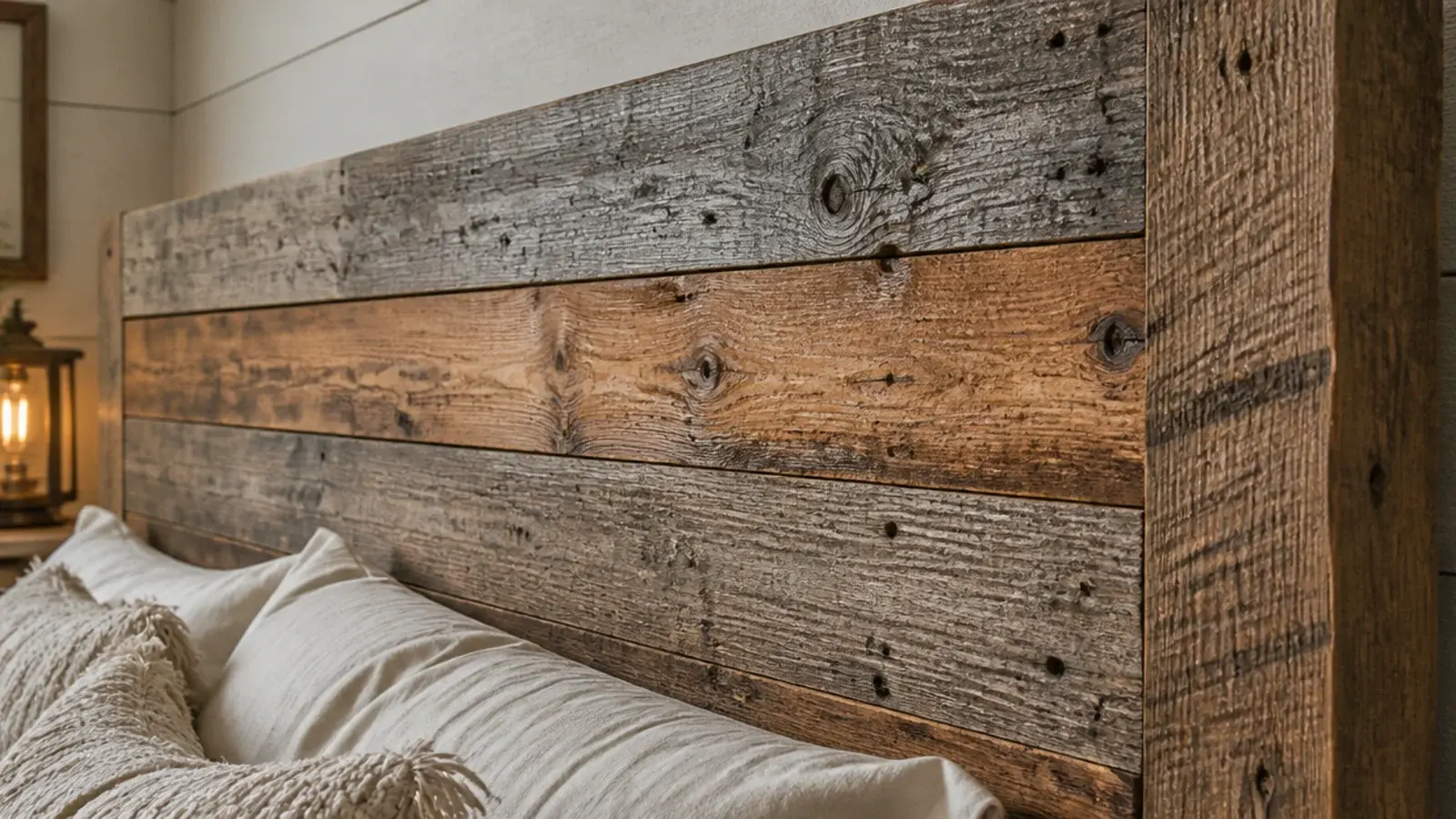 reclaimed barn board headboard with mixed grey and brown weathered timber