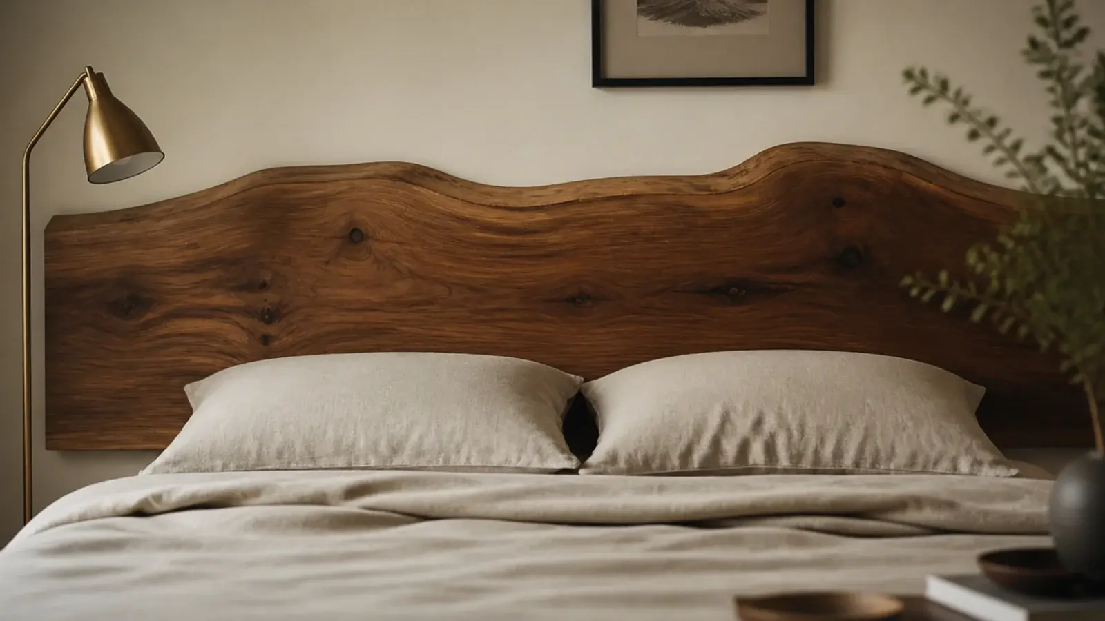 live edge walnut slab headboard with a natural wavy top edge above a bed
