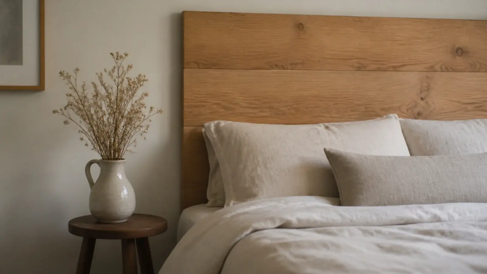three wide solid oak planks joined as a simple hanging headboard panel