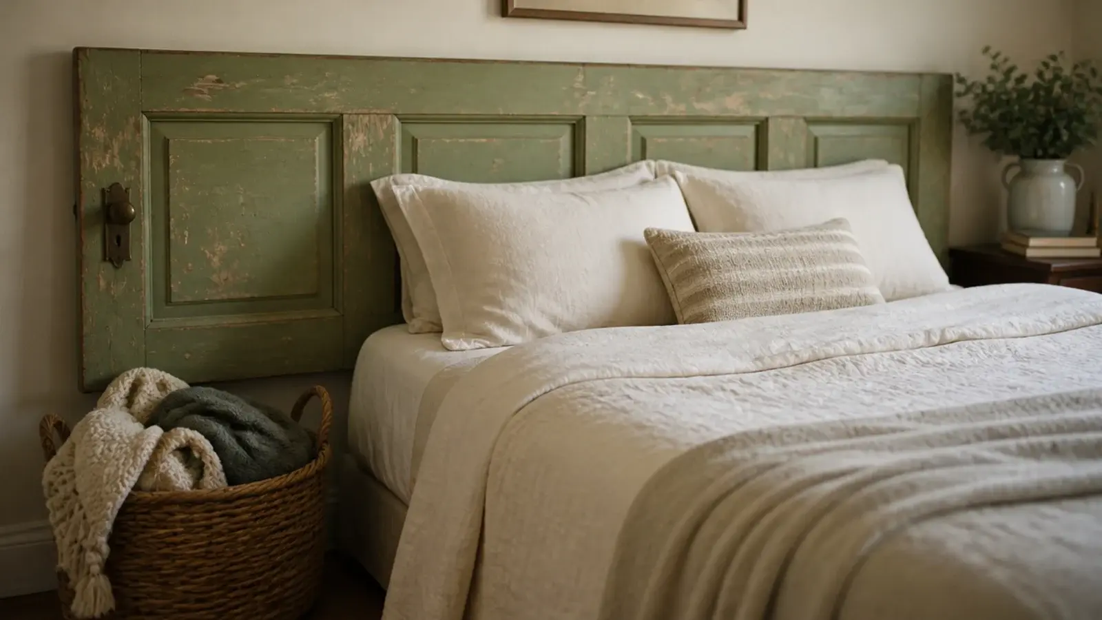 salvaged panelled door mounted horizontally as a wide rustic headboard