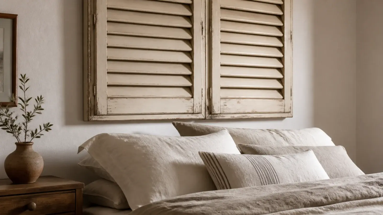 pair of louvered wooden shutters mounted as a headboard behind linen pillows