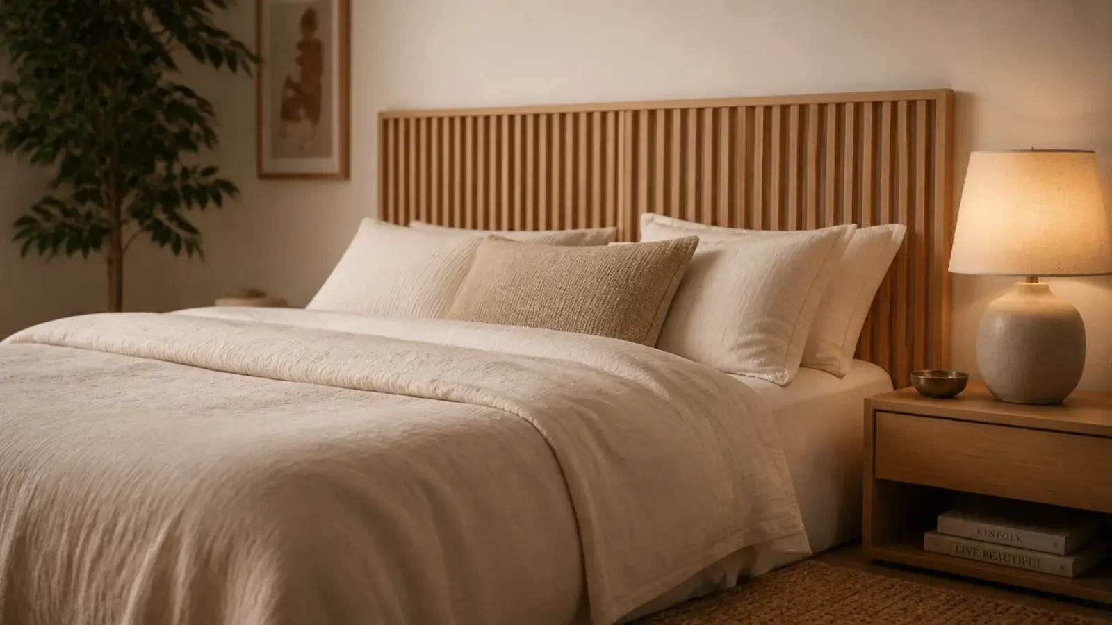 wooden dowel headboard with evenly spaced round rods in warm oak tone